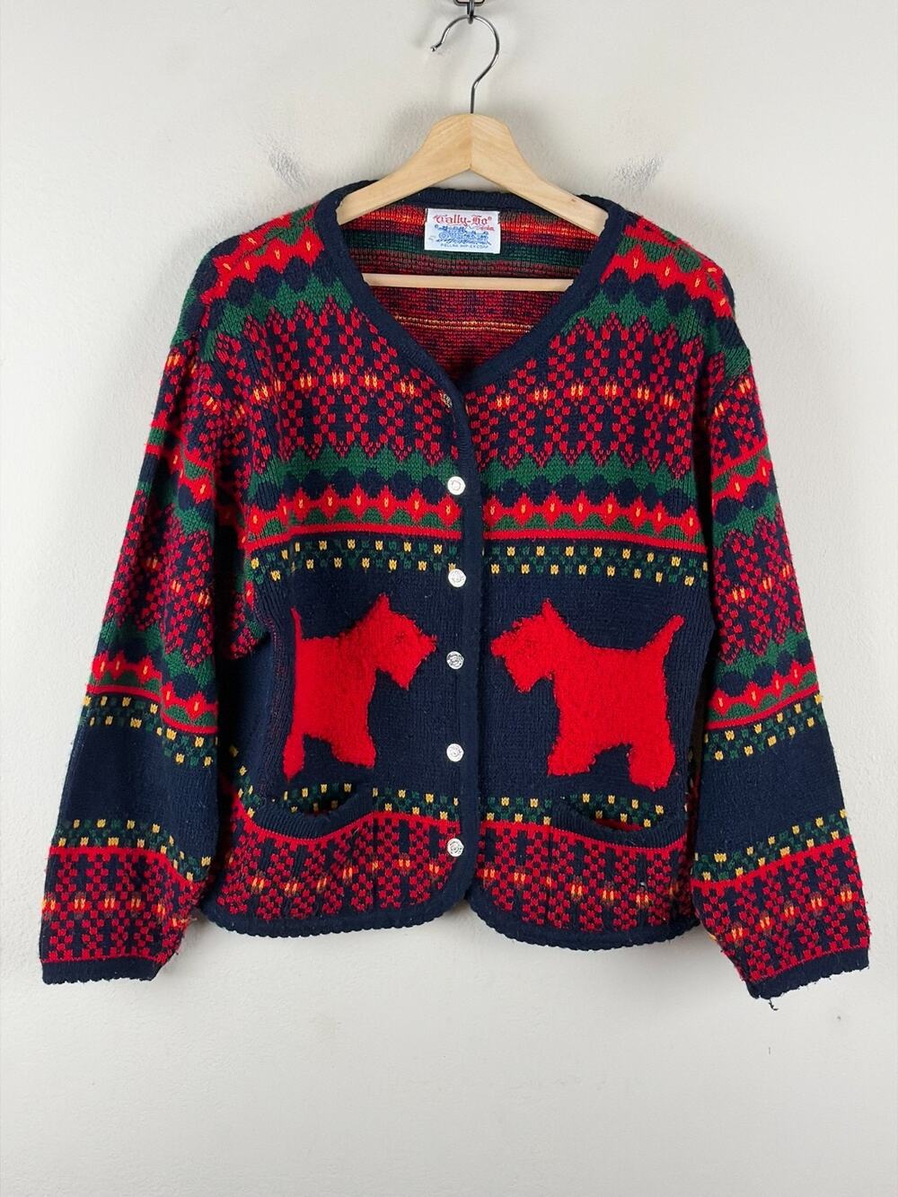 Vintage Tally Ho Navy Blue Red Scottie Dog Acrylic Knit Cardgian Womens Sz M